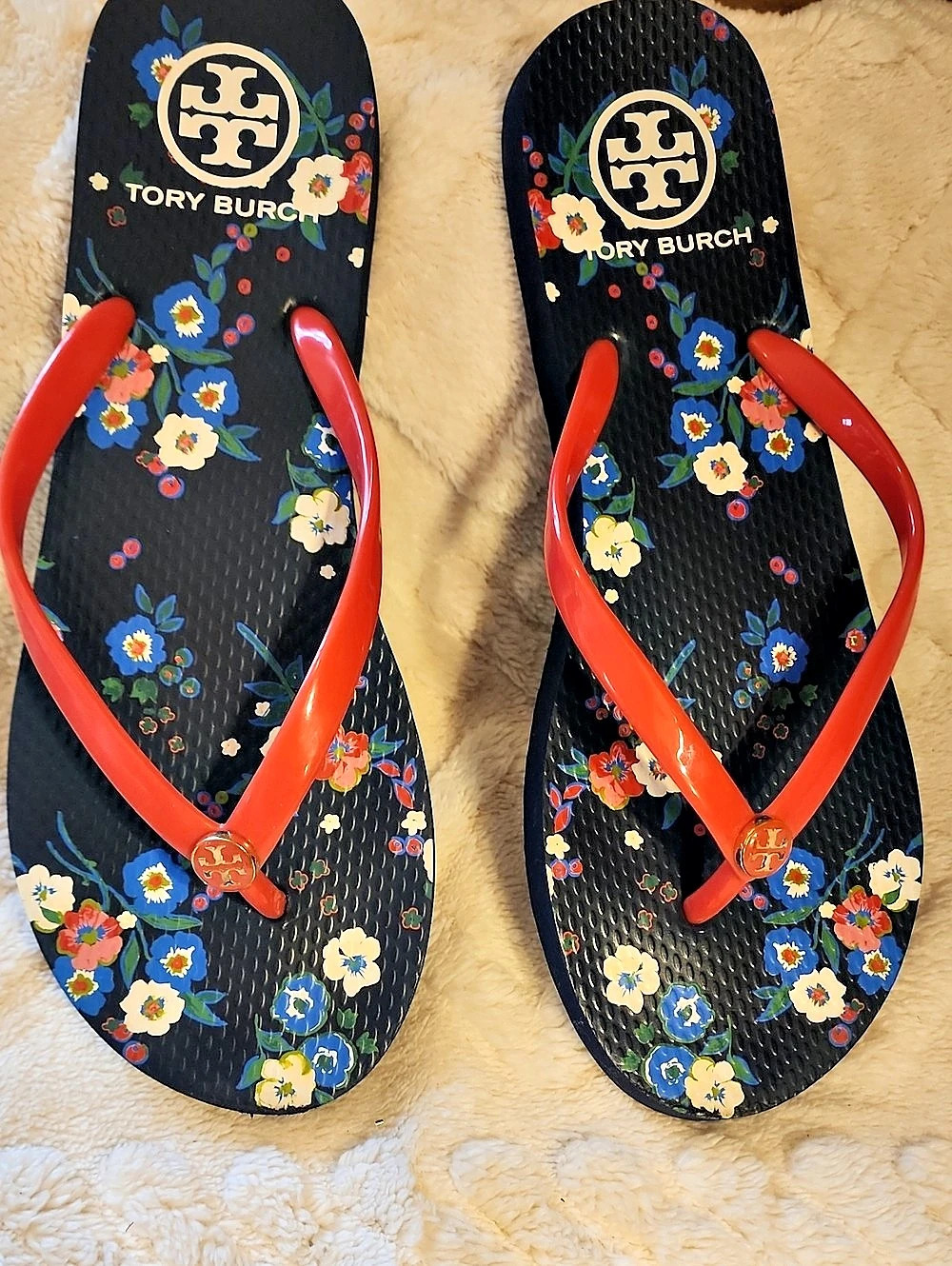 Tory Burch Logo Floral Print Flip Flops Black & Red